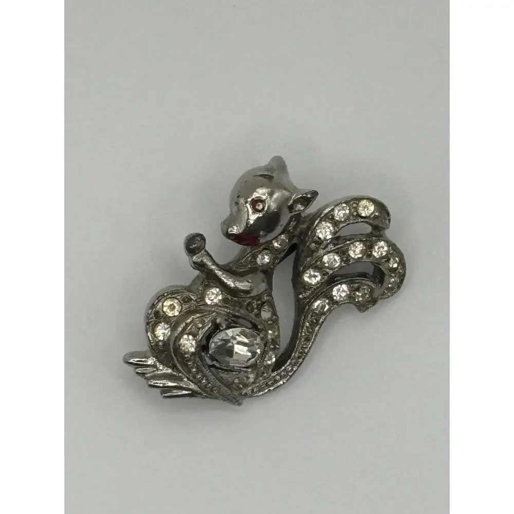 Vtg 40s Pot Metal Figural Squirrel Rhinestone Broach Whimsical